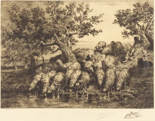 Sheep at the Watering Place (Abreuvoir aux moutons) by Charles Émile Jacque, print, 1888