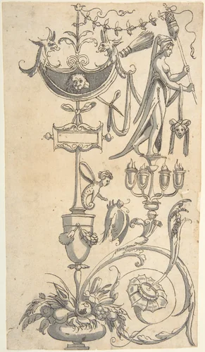 Candelabra Grotesque with a Vase with Fruit and an Amazon Shield by anonymous, drawing, 1540-1570