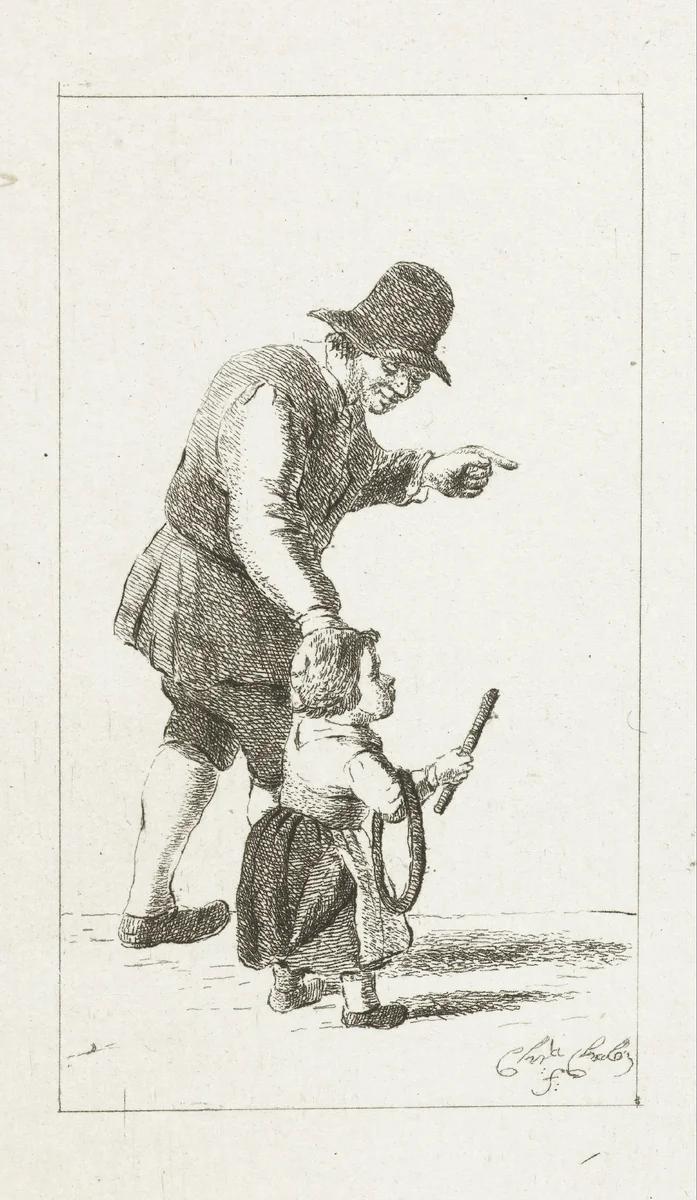 Staande man met kind met hoepel by Pieter de Mare, print, 1779