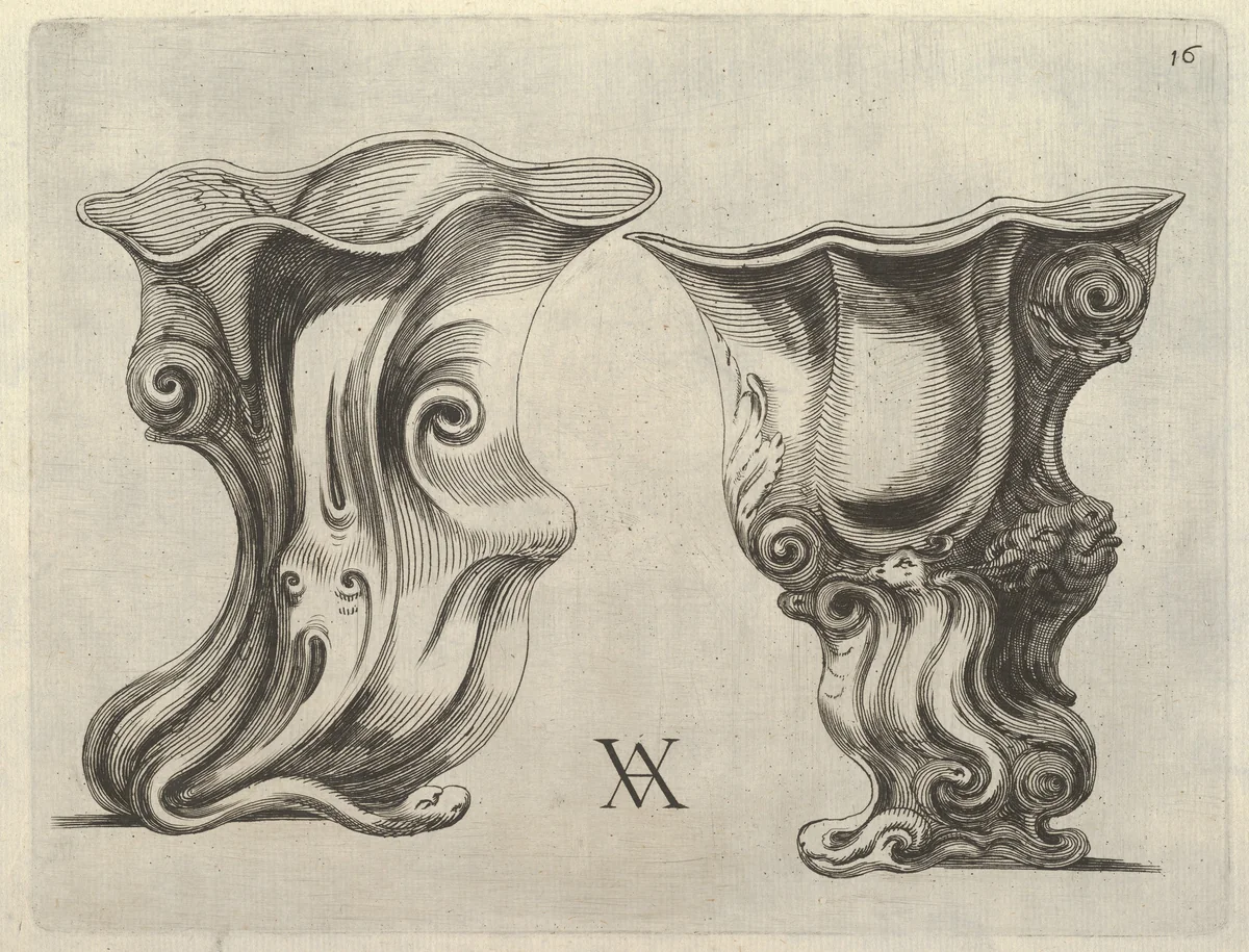 Plate 16, from "Modelli Artificiosi di Vasi diversi d'argento et altre Opere capriciozi (...), Parte prima" by Theodor van Kessel, book, 1646-1652