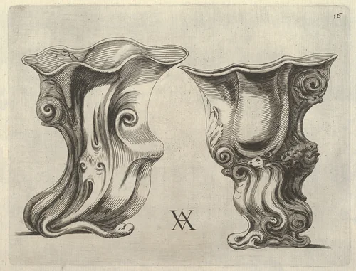 Plate 16, from "Modelli Artificiosi di Vasi diversi d'argento et altre Opere capriciozi (...), Parte prima" by Theodor van Kessel, book, 1646-1652