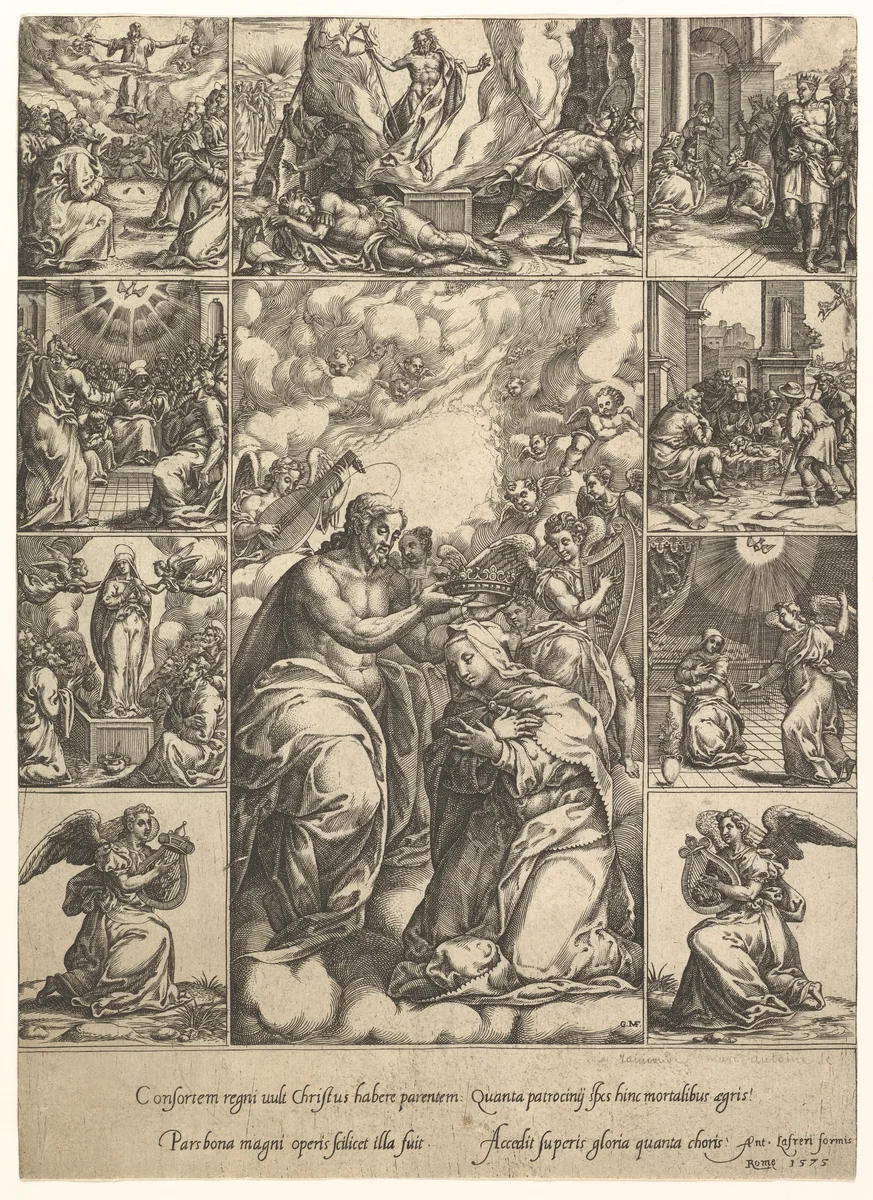 The Coronation of the Virgin; surrounded by nine vignettes with scenes from the life of Christ and the Virgin by Giorgio Ghisi, print, 1520-1582