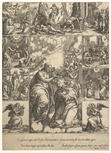 The Coronation of the Virgin; surrounded by nine vignettes with scenes from the life of Christ and the Virgin by Giorgio Ghisi, print, 1520-1582
