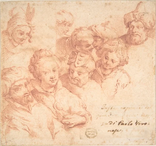 Nine heads after Paolo Veronese by anonymous, drawing, 1600-1700