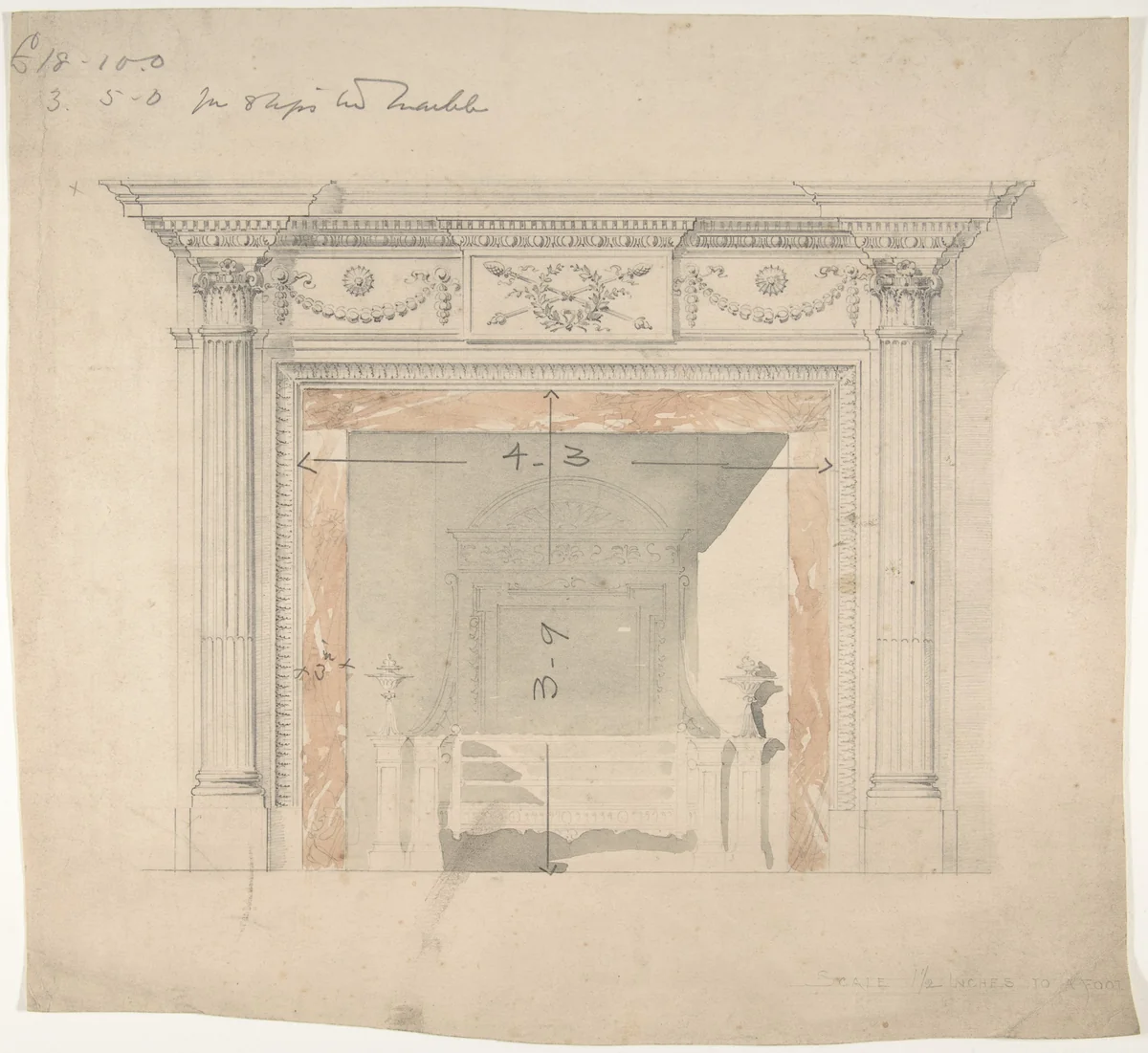 Design for an Adam-style Mantel, with a Marble Surround and Iron Firebox by anonymous, drawing, 1780-1830