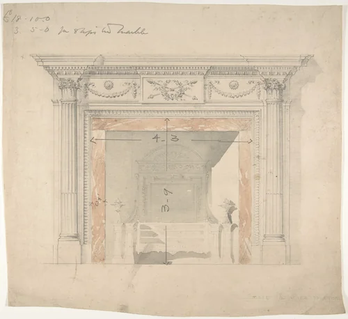 Design for an Adam-style Mantel, with a Marble Surround and Iron Firebox by anonymous, drawing, 1780-1830