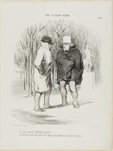 “- It's nippy, Mr. Galimard, it's nippy!... - Allow me to say that at 8 degrees the rivers and the noses are frozen...,” plate 39 from Tout Ce Qu'on Voudra by Honoré-Victorin Daumier, print, 1848