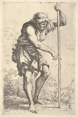 An old, ragged man with a gourd on his hip walking with a staff, from "Figurine" by Salvator Rosa, print, 1651-1662