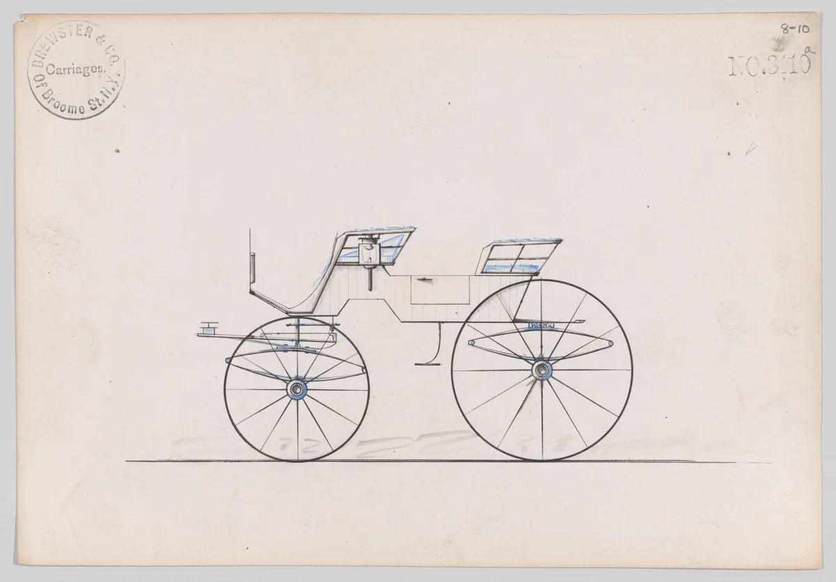 Design for 4 seat Phaeton, no top, no. 3110a by Brewster & Co., drawing, 1850-1910