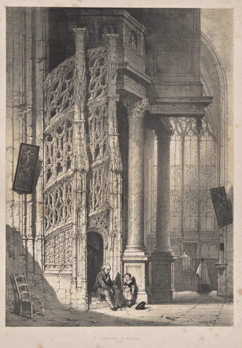 Architecture of the Middle Ages: Staircase, St. Maclou, Rouen by Joseph Nash, print, 1838