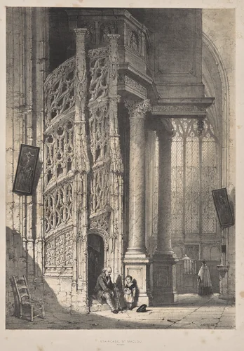 Architecture of the Middle Ages: Staircase, St. Maclou, Rouen by Joseph Nash, print, 1838