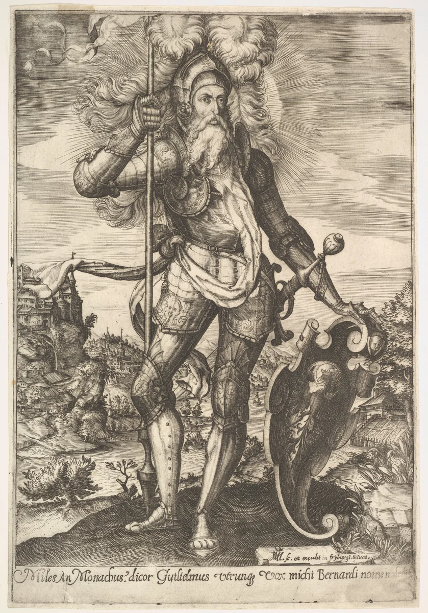 St. William of Aquitaine in armor bearing a standard in his right hand and resting his left hand on a shield, a landscape beyond by Martinus Martini, print, 1581-1610