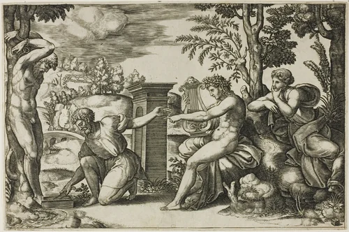 Apollo and Marsyas by Raffaello Sanzio, print, 1532
