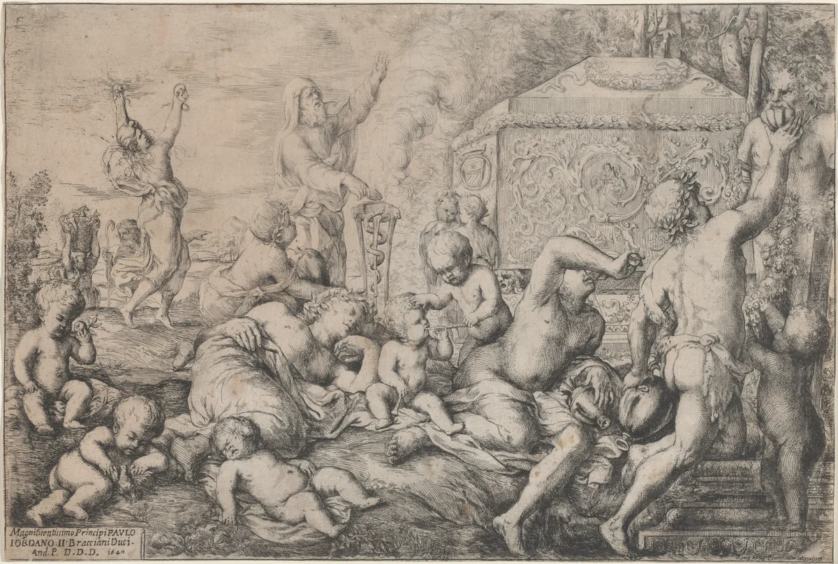 Bacchanal with Altar, Faun, and Silenus by Giovanni Andrea Podestà; Francisco Salucio, print, 1640
