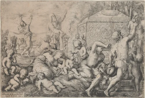 Bacchanal with Altar, Faun, and Silenus by Giovanni Andrea Podestà; Francisco Salucio, print, 1640