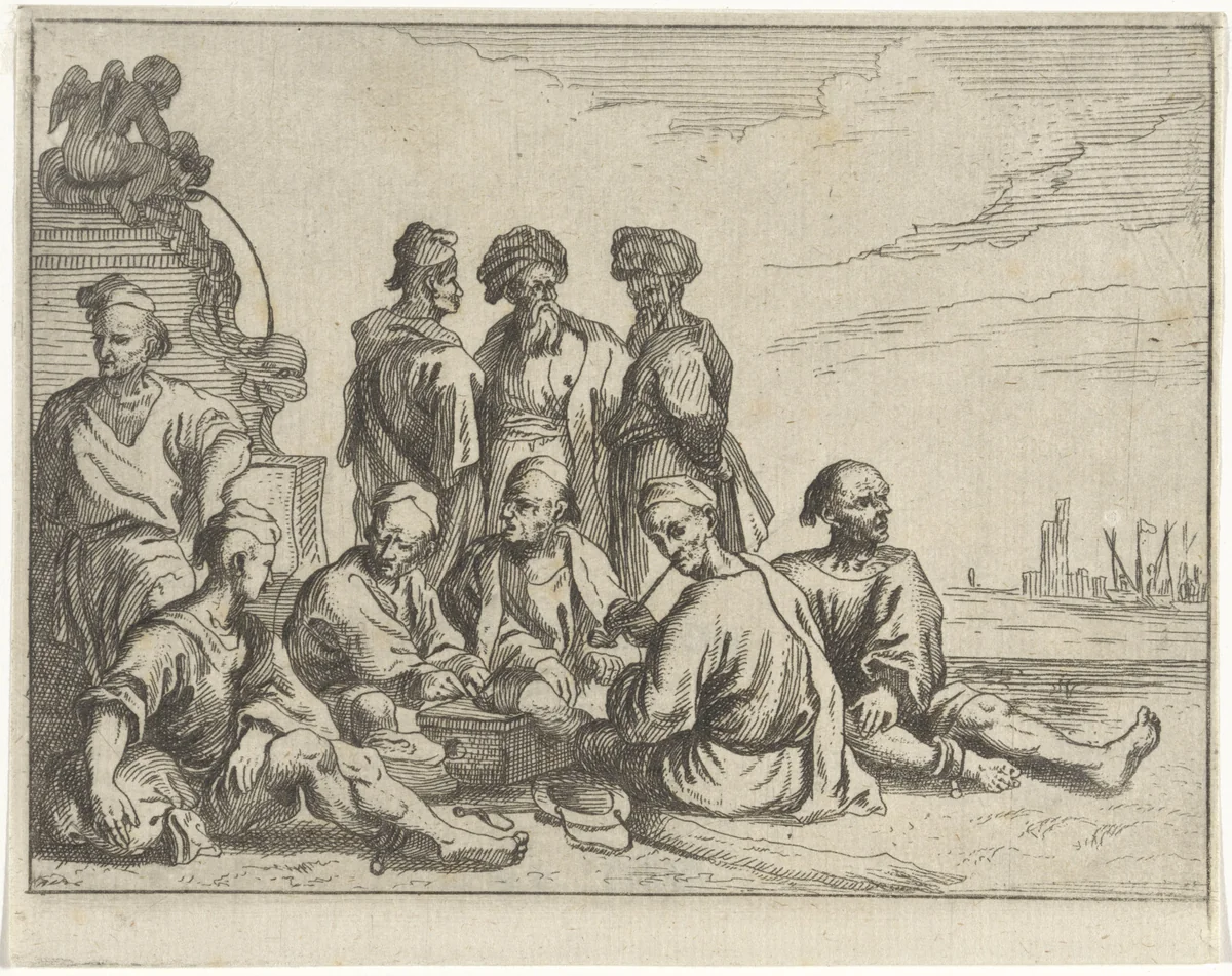 Islamitische galeislaven rusten bij een fontein by M. Schaep, print, 1649