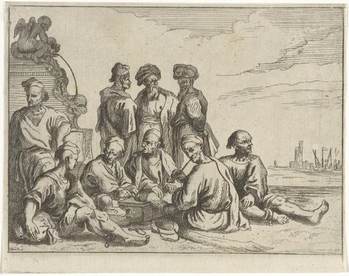 Islamitische galeislaven rusten bij een fontein by M. Schaep, print, 1649