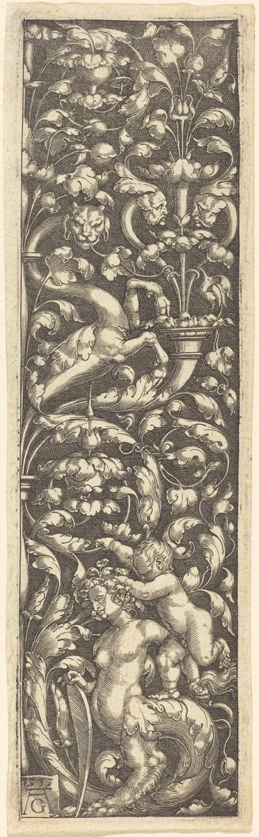 Ornament with a Child on the Back of a Sphinx by Heinrich Aldegrever, print, 1535