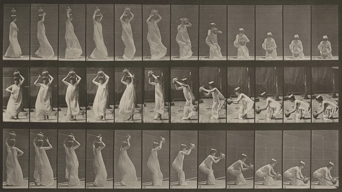 Plate Number 206. Carrying a water jar on head, turning and placing it on the ground by Eadweard Muybridge, photograph, 1887
