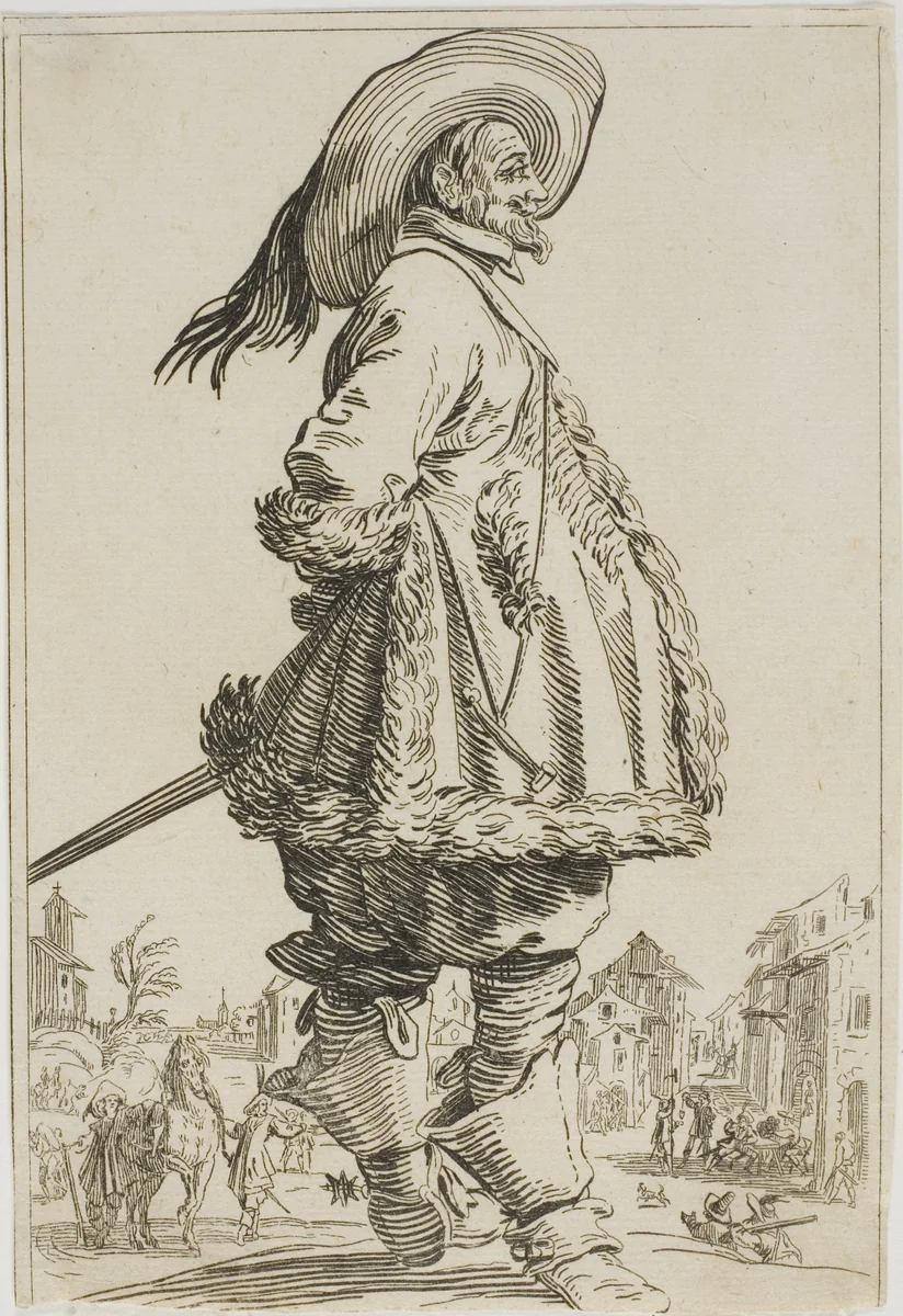 The Gentleman in the Fur-Trimmed Mantle with his Hands Behind his Back, from the series The Nobility of Lorraine by Jacques Callot, print, 1620-1623