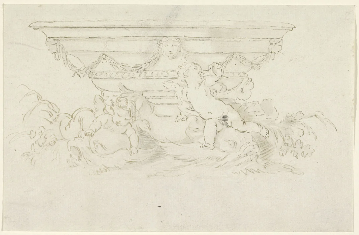 Ornamentale schaal met putti by anonymous, drawing, 1700-1800