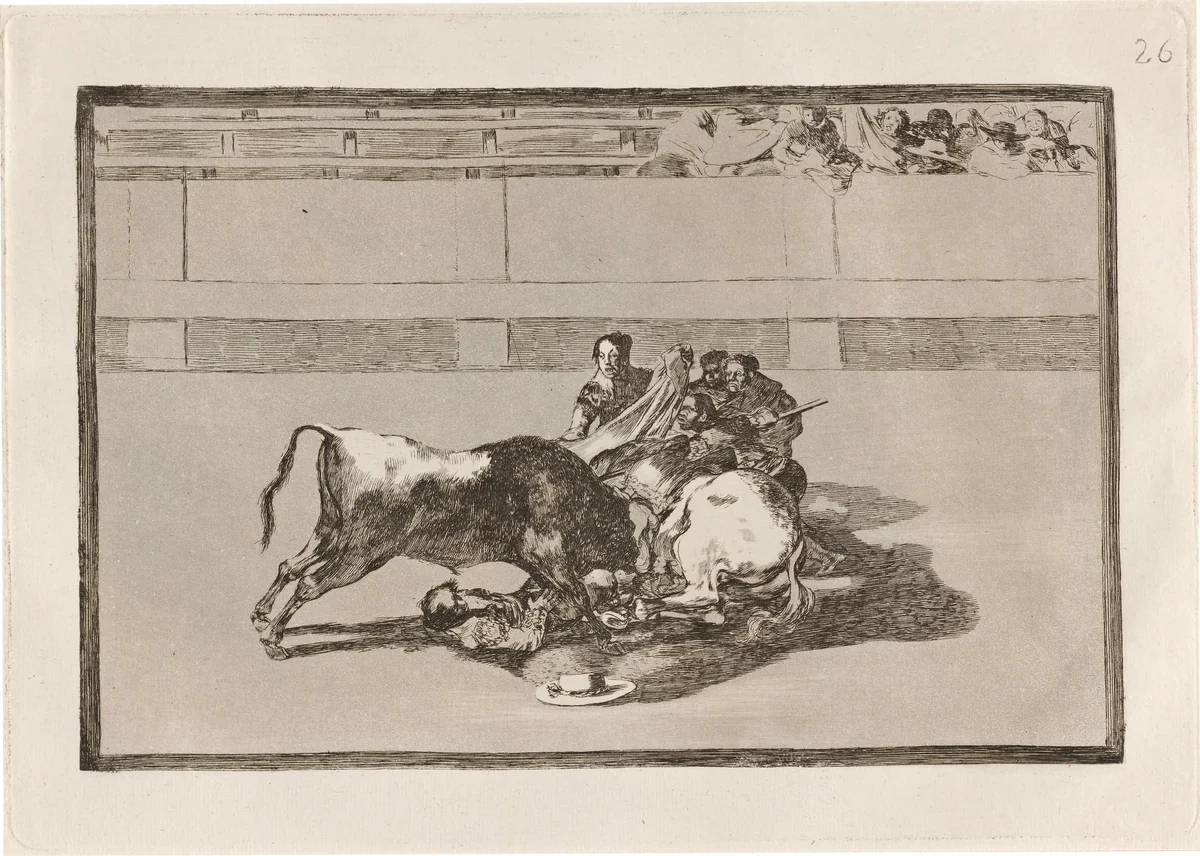 Caida de un picador de su caballo debajo del toro (A Picador is Unhorsed and Falls under the Bull) by Francisco Goya, portfolio, 1816