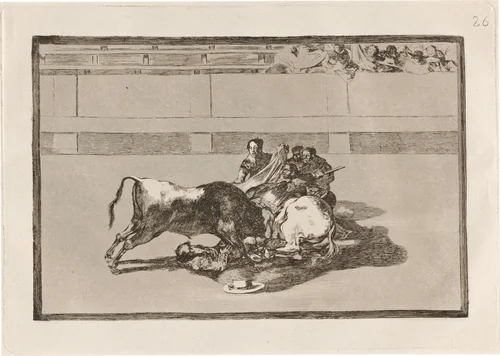 Caida de un picador de su caballo debajo del toro (A Picador is Unhorsed and Falls under the Bull) by Francisco Goya, portfolio, 1816