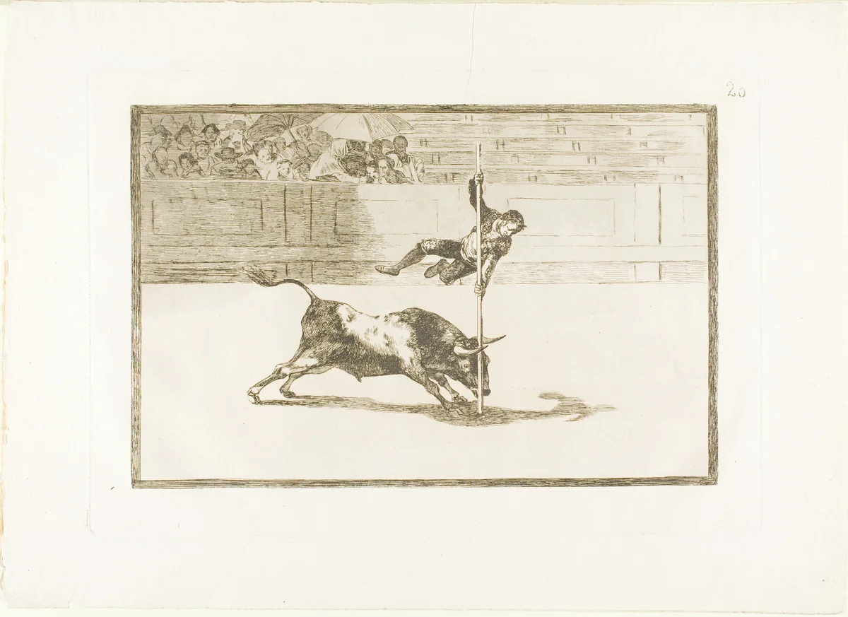 The Agility and Audacity of Juanito Apinani in the ring at Madrid, plate 20 from The Art of Bullfighting by Francisco José de Goya, print, 1814-1816