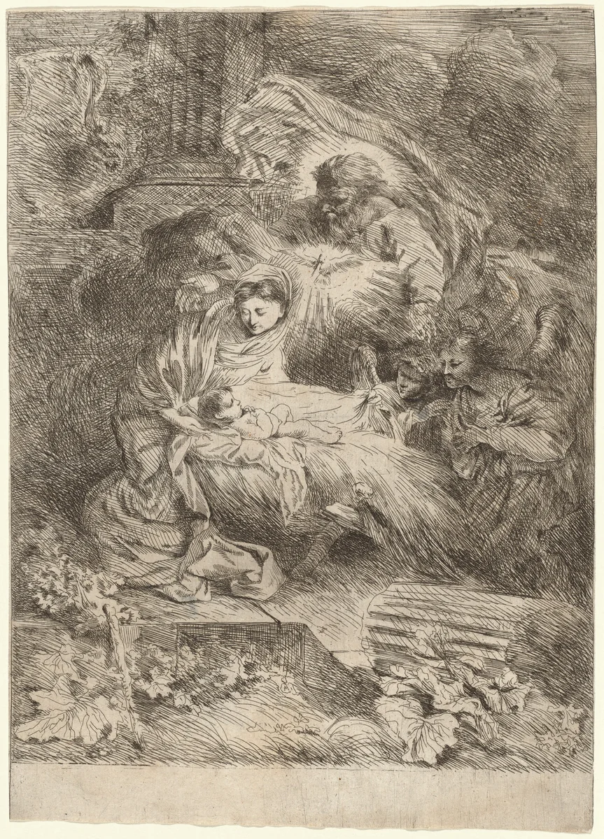 The Nativity with God the Father and the Holy Spirit by Salvatore Castiglione; Giovanni Benedetto Castiglione, print, 1645