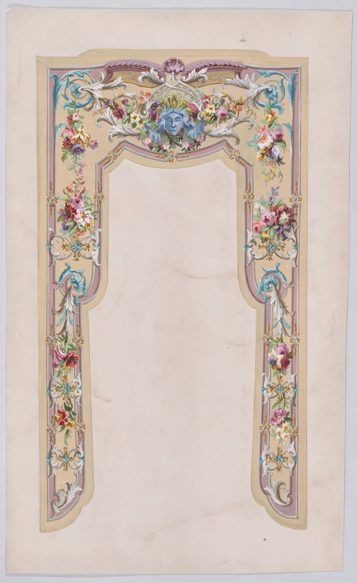 Design for a Valance with a Grotesque Motif and Thin Garlands of Flowers and Leaves with a Scrolling Frame by anonymous, drawing, 1870-1900