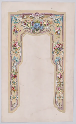 Design for a Valance with a Grotesque Motif and Thin Garlands of Flowers and Leaves with a Scrolling Frame by anonymous, drawing, 1870-1900