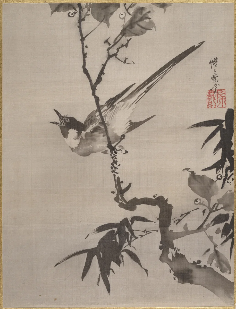 Singing Bird on a Branch by Kawanabe Kyōsai (河鍋暁斎), painting, 1877-1897