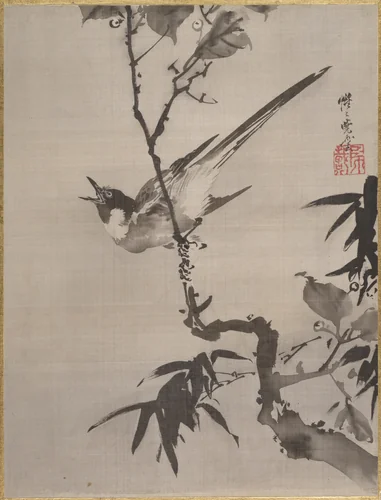 Singing Bird on a Branch by Kawanabe Kyōsai (河鍋暁斎), painting, 1877-1897