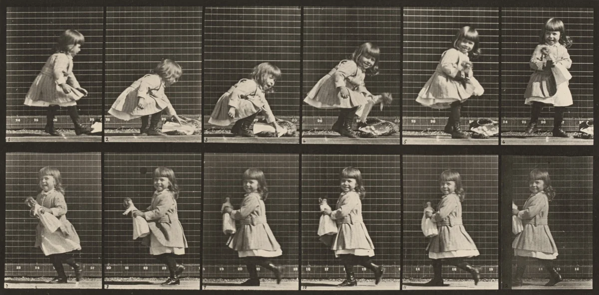 Plate Number 481. Child lifting a doll, turning and walking off by Eadweard Muybridge, photograph, 1887
