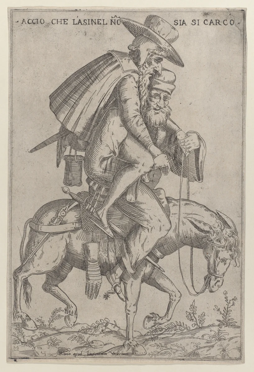 Caricature with two men on a mule by Giovanni Ambrogio Brambilla, print, 1575-1599