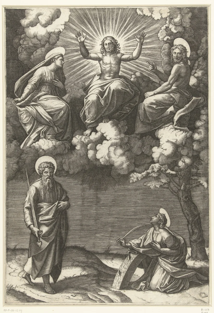 Christus en Maria en Johannes de Doper met heiligen Paulus en Catharina van Alexandrië by Unknown, print, 1520-1525