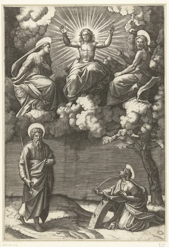 Christus en Maria en Johannes de Doper met heiligen Paulus en Catharina van Alexandrië by Unknown, print, 1520-1525