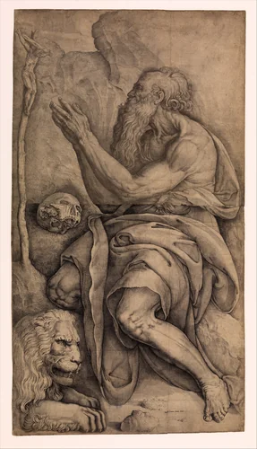 Saint Jerome kneeling before a crucifix, with a skull and lion by Battista Franco, print, 1545-1565