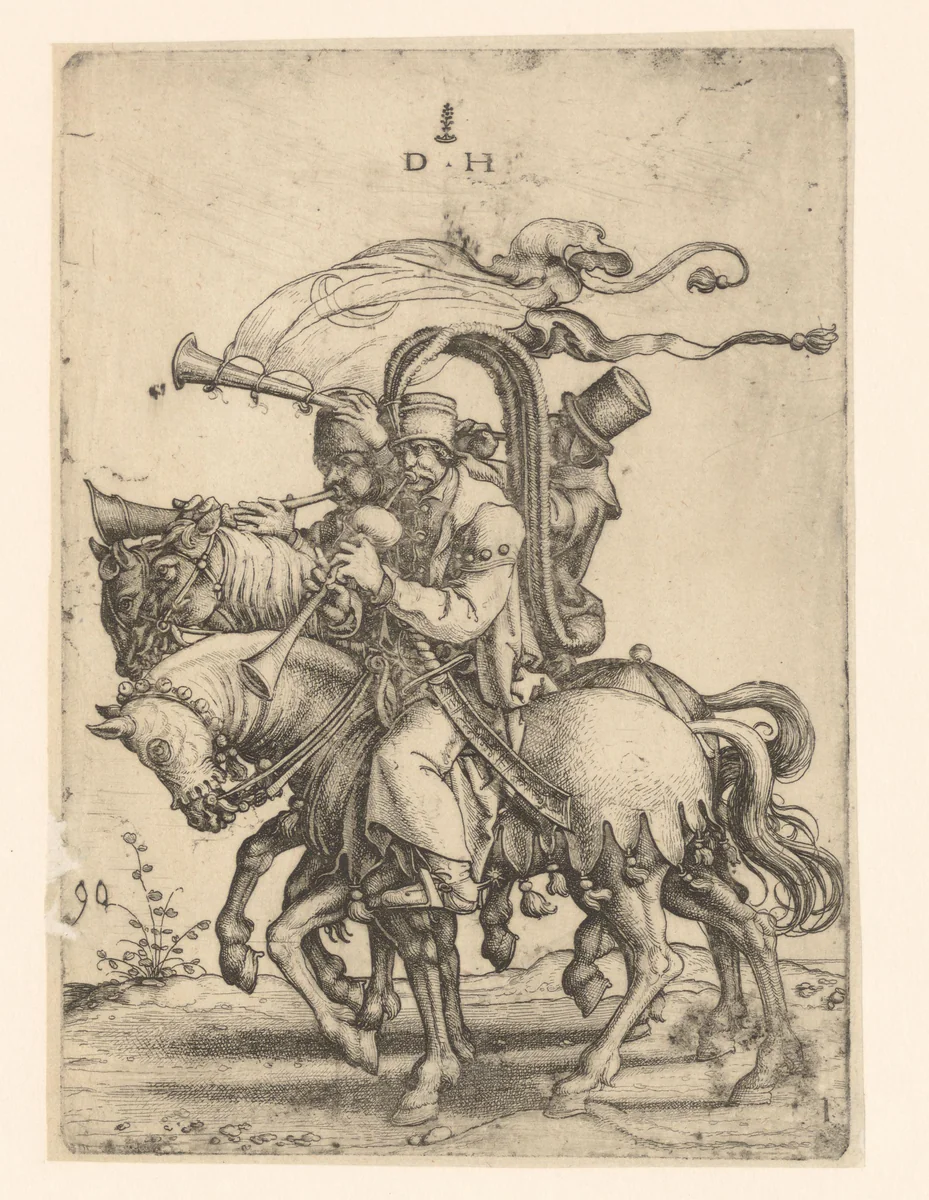 Trompettist en twee hoboïsten te paard by Unknown, print, 1530