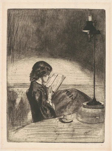 Reading by Lamplight by James McNeill Whistler, print, 1859
