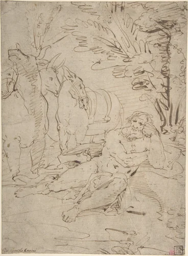 Unidentified Subject: Reclining Nude Male Figure and Cattle by Giovanni Angelo Canini, drawing, 1615-1666
