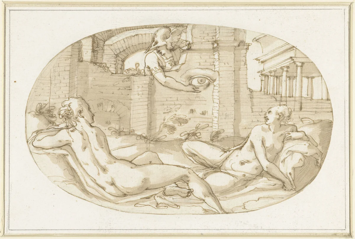 Twee vrouwelijke naaktfiguren en een Mercurius by Unknown, drawing, 1500-1588