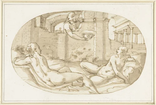 Twee vrouwelijke naaktfiguren en een Mercurius by Unknown, drawing, 1500-1588