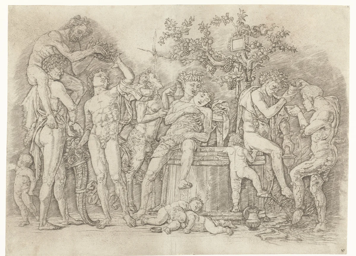 Bacchanaal met satyrs en bacchanten bij wijnpers by Andrea Mantegna, print, 1473-1477