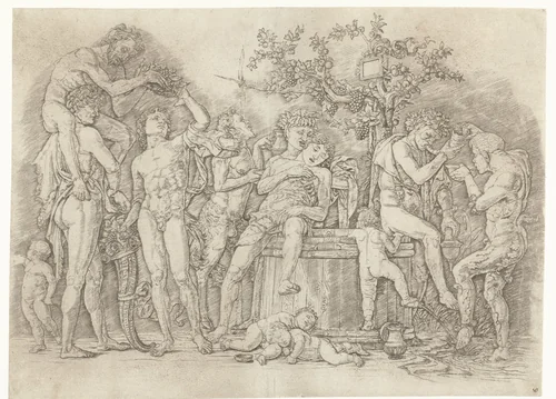 Bacchanaal met satyrs en bacchanten bij wijnpers by Andrea Mantegna, print, 1473-1477