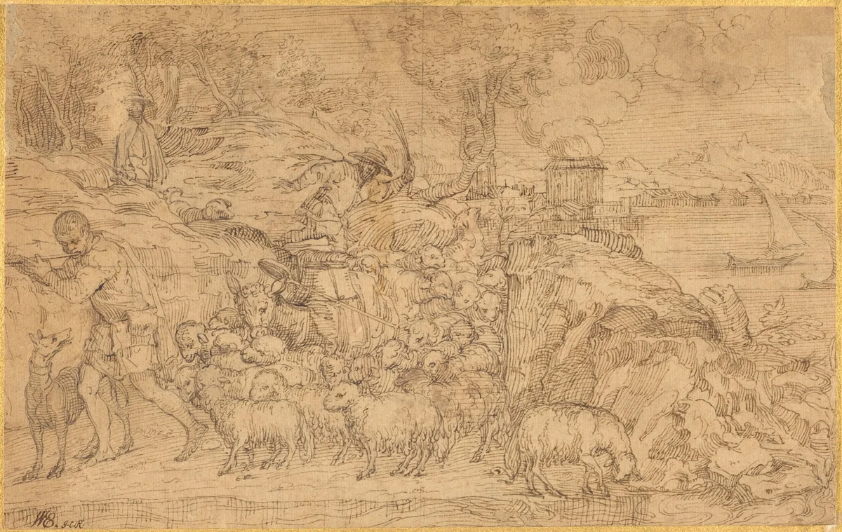 Shepherd Playing a Flute and Leading His Flock by Domenico Campagnola, drawing, 1500-1564