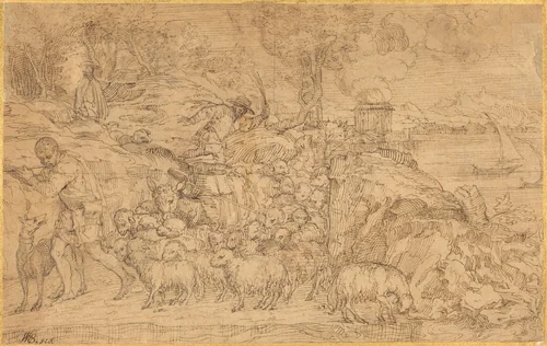 Shepherd Playing a Flute and Leading His Flock by Domenico Campagnola, drawing, 1500-1564