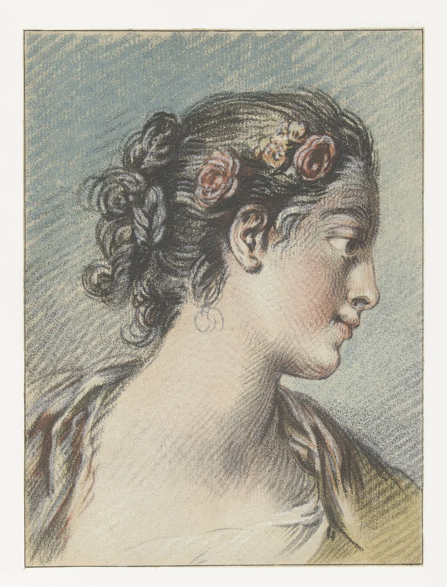 Buste van een jonge vrouw by Louis Marin Bonnet, print, 1768-1769
