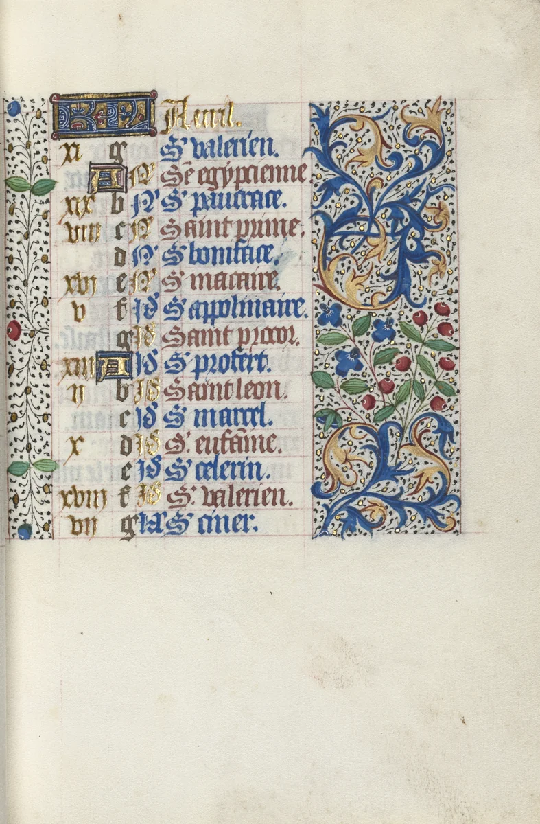 Book of Hours (Use of Rouen): fol. 4r, Calendar Page for April by Master of the Geneva Latini, book, 1465-1475