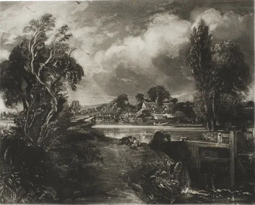 A Lock on the Stour, Suffolk by David Lucas, print, 1831